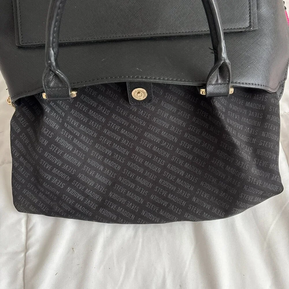 Steve Madden Black Satchel Front Flap Pocket Gold Tone Hardware Quiet Luxury
